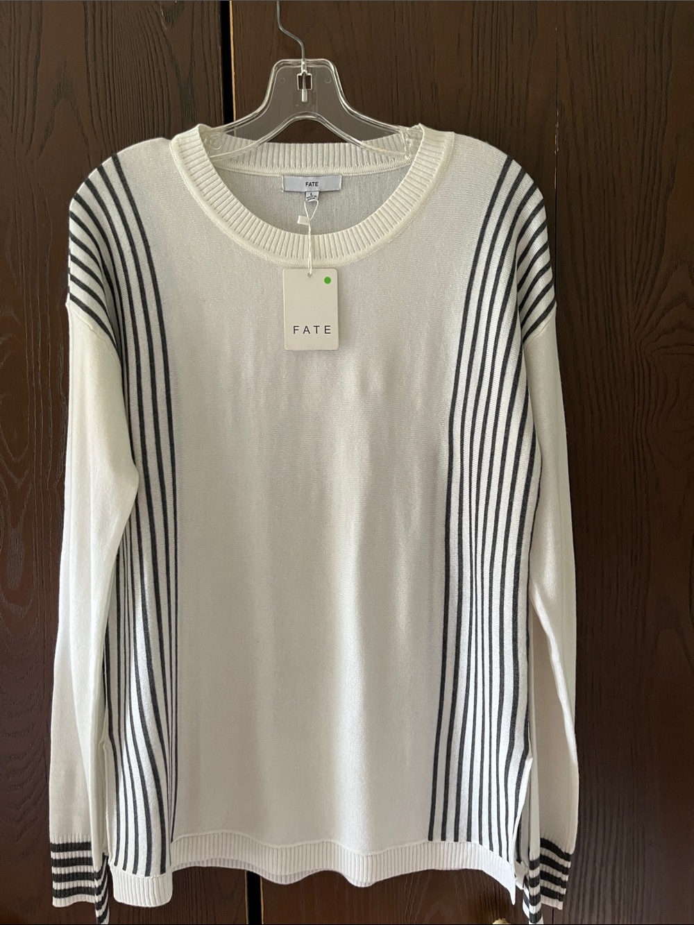 Fate long sleeved white sweater with stripes. Lightweight. Size Large NWT